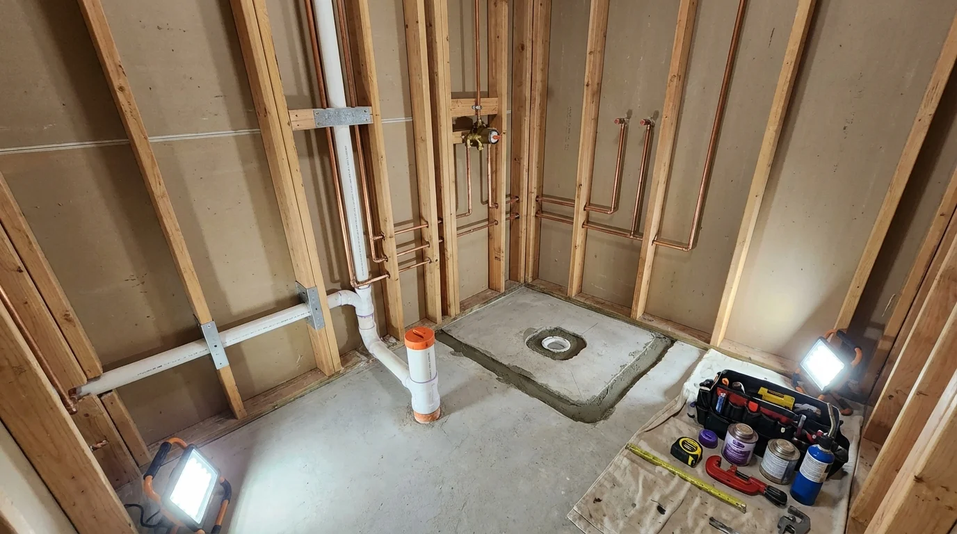 Bathroom rough-in plumbing during remodel by Johns Plumbing LLC in Parkesburg