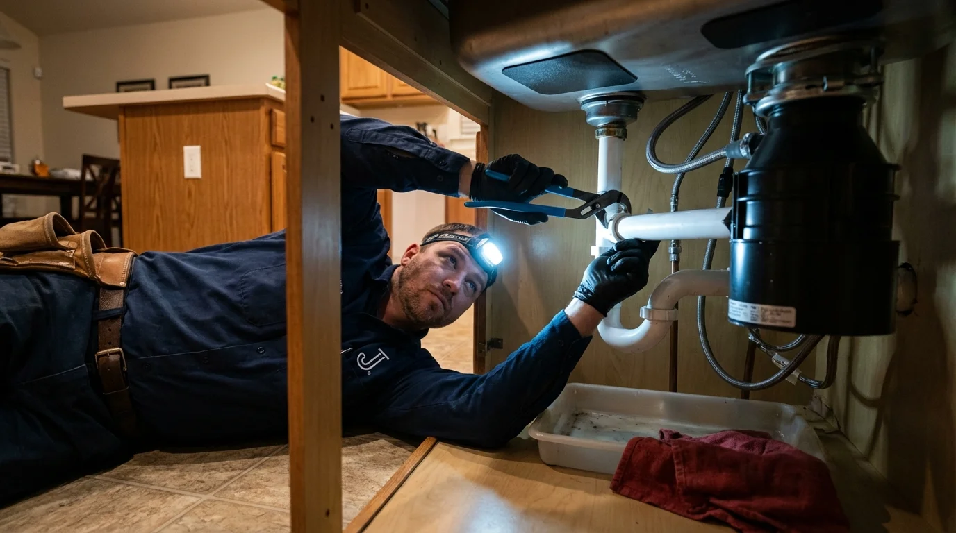 P-trap and supply line connections under a kitchen sink showing a common leak point in Parkesburg, PA